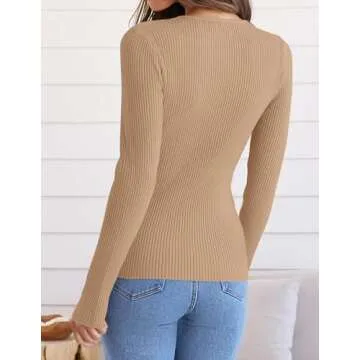 ZESICA Women's Long Sleeve Crewneck Shirts Spring Knit Sweater Slim Fitted Casual Basic Tee Tops,Toffee,Small