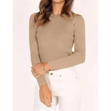 ZESICA Women's Long Sleeve Crewneck Shirts Spring Knit Sweater Slim Fitted Casual Basic Tee Tops,Toffee,Small