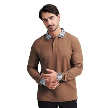 VEBOON Men's Long Sleeve Casual Polo Shirts Hawaiian Print Fashion Pique Polo for Men Breathable Bus...