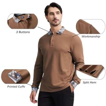 VEBOON Men's Long Sleeve Casual Polo Shirts Hawaiian Print Fashion Pique Polo for Men Breathable Business Polo Shirts