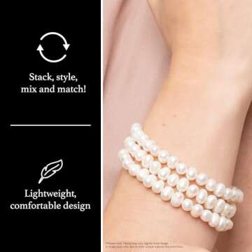 SPLENDID PEARLS Set of 3 White Cultured Freshwater Pearl Bracelets for Women | Women's Stretch Bracelet with Adjustable Fit of 7.25"