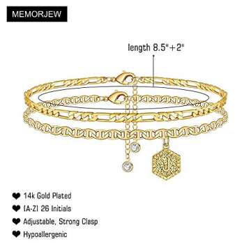 Memorjew Ankle Bracelets for Women Initial Anklet, 14K Gold Plated Layered Anklet Letter J Initial Anklets for Women Jewelry