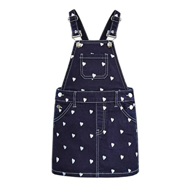 KIDSCOOL SPACE Girls Denim Overall Dress with Heartshape Print - Deep Blue, 6-7 Years