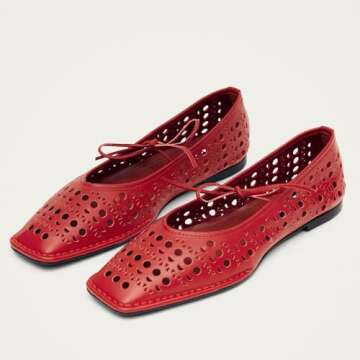 VorisVina Stylish Lace Up Square Toe Ballet Flats for Women - Casual Ballerinas with Bow Design