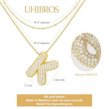 UHIBROS Bubble Letter Necklace, Gold Balloon Initial Necklaces for Women, Cubic Zirconia Dainty Charm Alphabet Pendant, 18K Gold Plated Custom Name Choker, Trendy Puffy Personalized Jewelry