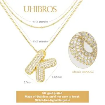 UHIBROS Bubble Letter Necklace, Gold Balloon Initial Necklaces for Women, Cubic Zirconia Dainty Charm Alphabet Pendant, 18K Gold Plated Custom Name Choker, Trendy Puffy Personalized Jewelry