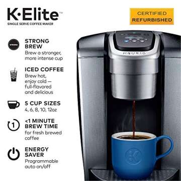 Keurig K-Elite Coffee Maker, Single Serve K-Cup Pod Coffee Brewer, With Iced Coffee Capability, Brushed Silver (Renewed)