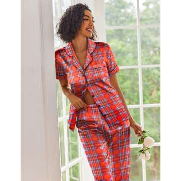 Ekouaer Silk Satin Pajamas Set Women Short Sleeve Sleepwear Soft Button Down Loungewear Pjs Set Red Green Plaid Small