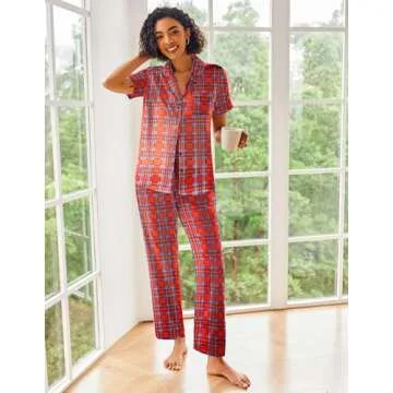 Ekouaer Silk Satin Pajamas Set Comfortable Button Down Loungewear