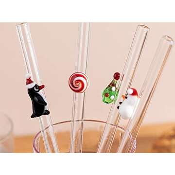 Reusable Glass straws with handcrafted figurines, penguin, candy, christmas tree, snowman, gift for christmas thanksgiving, holiday, birthday, 4 pcs set, 10''x10mm