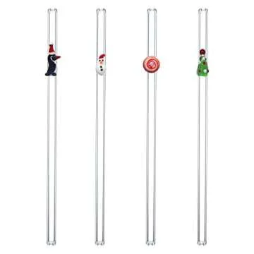 Reusable Glass straws with handcrafted figurines, penguin, candy, christmas tree, snowman, gift for christmas thanksgiving, holiday, birthday, 4 pcs set, 10''x10mm
