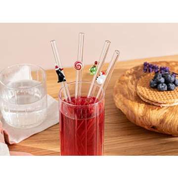 Reusable Glass straws with handcrafted figurines, penguin, candy, christmas tree, snowman, gift for christmas thanksgiving, holiday, birthday, 4 pcs set, 10''x10mm
