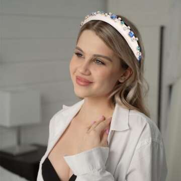 Amariver Rhinestones Headbands for Women Sparkle Jeweled Hair Band Padded Head Bands Bling Crystal Hairbands Shiny Headband Stylish Hair Accessories for Women Girls (White)