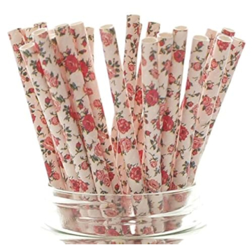 Food With Fashion Pink Wedding Party Floral Straws (25 Pack) - Paper Straws for Drinking, Cute Dispo...