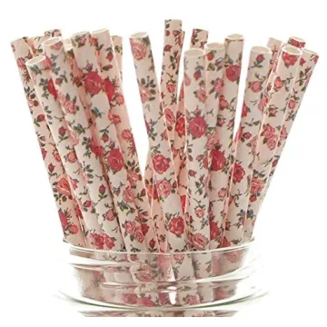 Food With Fashion Pink Wedding Party Floral Straws (25 Pack) - Paper Straws for Drinking, Cute Disposable Straws, Tea Party Birthday Straws, 25 Pack
