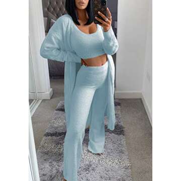 VamJump Women 3 Piece Lounge Wear PJ Set Solid Vest Tops High Waist Pants and Kimono Cardigan Set,Light Blue,M