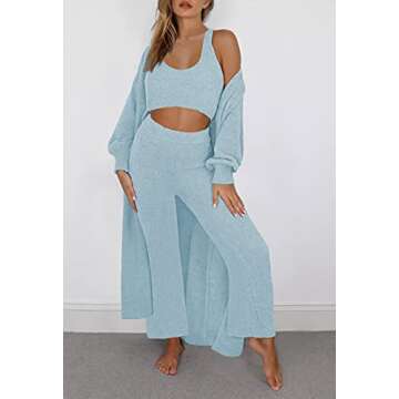 VamJump Women 3 Piece Lounge Wear PJ Set Solid Vest Tops High Waist Pants and Kimono Cardigan Set,Light Blue,M