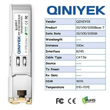 QINIYEK 2Pack 10/100/1000BASE-T RJ45 Copper SFP Ethernet Module, Gigabit SFP to RJ45 Mini-GBIC Transceiver for Cisco GLC-T/SFP-GE-T/GLC-TA, Mikrotik SRJ01, Netgear, Supermicro, up to 100m