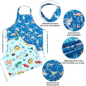 Geyoga 2 Pcs Kids Dinosaur Apron with Pocket for Boys Girls Cooking Kitchen Children Toddler Cartoon Apron with Adjustable Neck Strap for Cooking Baking Painting Kids Christmas Birthday Gift