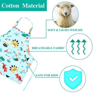 Geyoga 2 Pcs Kids Dinosaur Apron with Pocket for Boys Girls Cooking Kitchen Children Toddler Cartoon Apron with Adjustable Neck Strap for Cooking Baking Painting Kids Christmas Birthday Gift