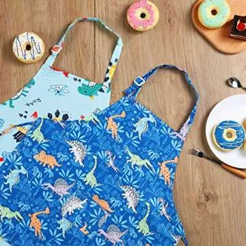 Geyoga 2 Pcs Kids Dinosaur Apron with Pocket for Boys Girls Cooking Kitchen Children Toddler Cartoon Apron with Adjustable Neck Strap for Cooking Baking Painting Kids Christmas Birthday Gift