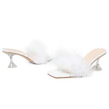 Heiyom Women's Square Toe High Stilettos Heels Mules Sandals Fluffy Feather Slip on Clear High Heels Wedding Bridal Party Dress Shoes A-PUMPS-NEW White 37 US6.5