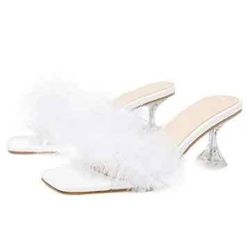 Heiyom Women's Square Toe High Stilettos Heels Mules Sandals Fluffy Feather Slip on Clear High Heels Wedding Bridal Party Dress Shoes A-PUMPS-NEW White 37 US6.5