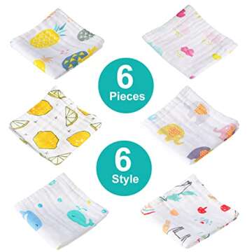 Soft Muslin Baby Washcloths with Animal Patterns - 6 Pack