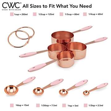 COOK WITH COLOR Measuring Cups Set and Measuring Spoon Set, Stainless Steel Handles, Nesting Kitchen Measuring Set, Liquid Measuring Cup Set, 8 PC Copper, Pink