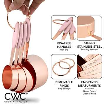 COOK WITH COLOR Measuring Cups Set and Measuring Spoon Set, Stainless Steel Handles, Nesting Kitchen Measuring Set, Liquid Measuring Cup Set, 8 PC Copper, Pink