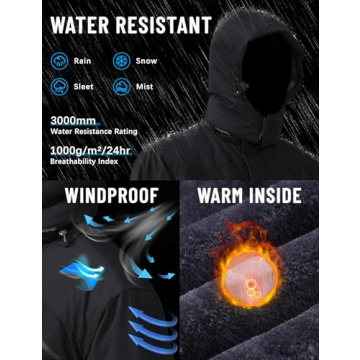 TACVASEN Mens Ski Jacket - Warm Fleece Winter Coat with Water Resistant Raincoat and Hooded Black