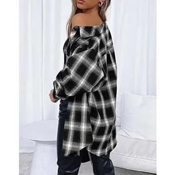 Lacozy Women Buffalo Plaid Flannel Shirt Button Down Long Sleeve Tops Collar with Pocket Black X-Large