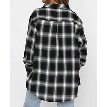 Lacozy Women Buffalo Plaid Flannel Shirt Button Down Long Sleeve Tops Collar with Pocket Black X-Large