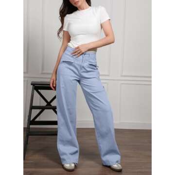 Dokotoo Women's Pants High Waisted Cargo Pants Women Baggy Jeans for Women Straight Wide Leg 2025 Spring Outfits Fashion Clothes Casual Pants Trendy Teen Girls Trousers Stretch Denim Pants Yellow