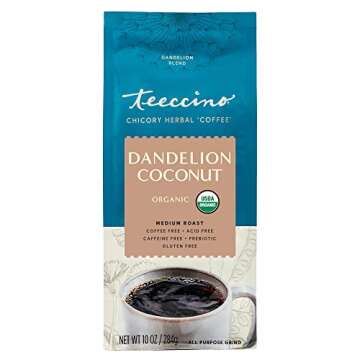 Teeccino Dandelion Coconut Herbal Coffee - Caffeine-Free Coffee Alternative with Prebiotics, Gluten Free, Acid Free - Medium Roast, 10 oz