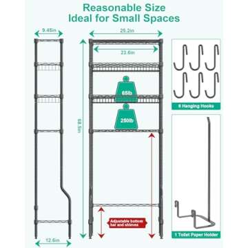 Bathroom Organizer Over The Toilet Storage, 4-Tier Metal Bathroom Over Toilet Storage Shelf Above Toilet Storage Rack Freestanding Bathroom Space Saver with Adjustable Shelves and Baskets, Black