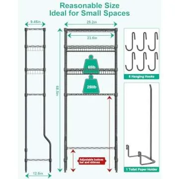 Bathroom Organizer Over The Toilet Storage, 4-Tier Metal Bathroom Over Toilet Storage Shelf Above Toilet Storage Rack Freestanding Bathroom Space Saver with Adjustable Shelves and Baskets, Black