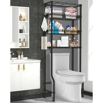 Bathroom Organizer Over The Toilet Storage, 4-Tier Metal Bathroom Over Toilet Storage Shelf Above Toilet Storage Rack Freestanding Bathroom Space Saver with Adjustable Shelves and Baskets, Black
