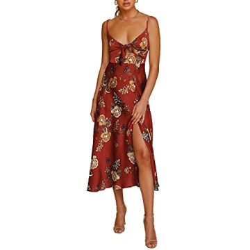 Fashionme Women Spaghetti Strap Midi Satin Dresses Tie Front Backless Split Summer Casual Floral Dre...