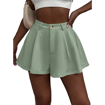 Verdusa Women's Elastic High Waist Pleated Wide Leg Shorts with Pocket Mint Green XL