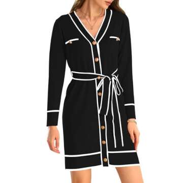 Pink Queen Casual Long Cardigan for Women Long Sleeve Open Front Button Up V Neck Ribbed Knit Formal Cardigan Sweater Dress with Belt Black S