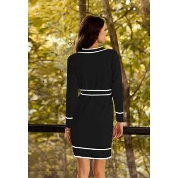 Pink Queen Casual Long Cardigan for Women Long Sleeve Open Front Button Up V Neck Ribbed Knit Formal Cardigan Sweater Dress with Belt Black S