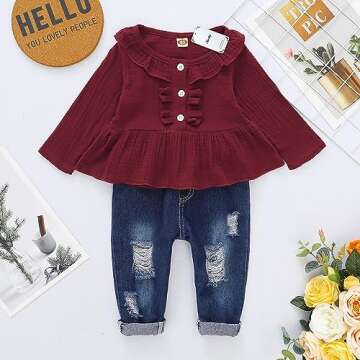 2T Girls Clothes Kids Toddler Girl Outfits Linen Long Sleeve Ruffle Shirt Blue Ripped Denim Jeans Pa...