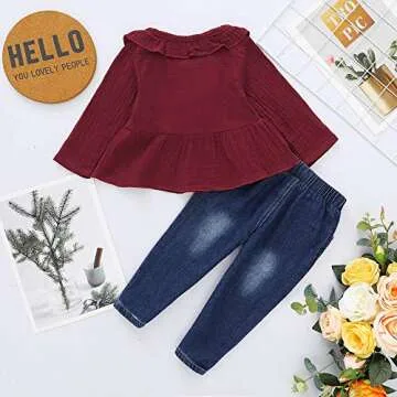 2T Girls Clothes Kids Toddler Girl Outfits Linen Long Sleeve Ruffle Shirt Blue Ripped Denim Jeans Pants Set Cute Fall Clothes for Girl 2 3 Year Old