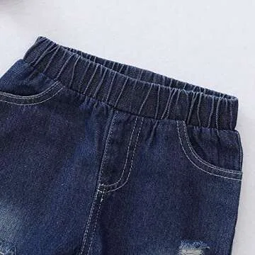 2T Girls Clothes Kids Toddler Girl Outfits Linen Long Sleeve Ruffle Shirt Blue Ripped Denim Jeans Pants Set Cute Fall Clothes for Girl 2 3 Year Old