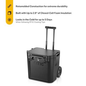 RTIC 45 QT Wheeled Ultra-Tough Cooler Hard Insulated Portable Ice Chest Box for Beach, Drink, Beverage, Camping, Picnic, Fishing, Boat, Barbecue, Rotomolded Construction