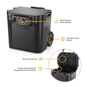 RTIC 45 QT Wheeled Ultra-Tough Cooler Hard Insulated Portable Ice Chest Box for Beach, Drink, Beverage, Camping, Picnic, Fishing, Boat, Barbecue, Rotomolded Construction