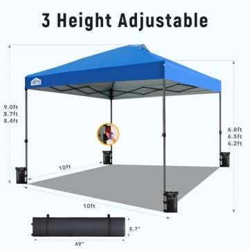 Vibemo Canopy Tent 10x10, 1-Person Setup Pop Up Canopy Tent with Roller Bag, 3 Adjustable Height, 4 Sandbags, 8 Stakes, 4 Guylines, Waterproof and UPF50+ Sun Protection Outdoor Canopy for Party，Beach