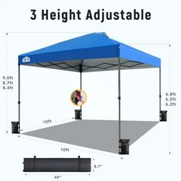 Vibemo Canopy Tent 10x10, 1-Person Setup Pop Up Canopy Tent with Roller Bag, 3 Adjustable Height, 4 Sandbags, 8 Stakes, 4 Guylines, Waterproof and UPF50+ Sun Protection Outdoor Canopy for Party，Beach