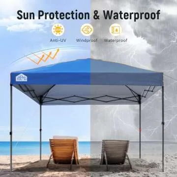 Vibemo Canopy Tent 10x10, 1-Person Setup Pop Up Canopy Tent with Roller Bag, 3 Adjustable Height, 4 Sandbags, 8 Stakes, 4 Guylines, Waterproof and UPF50+ Sun Protection Outdoor Canopy for Party，Beach